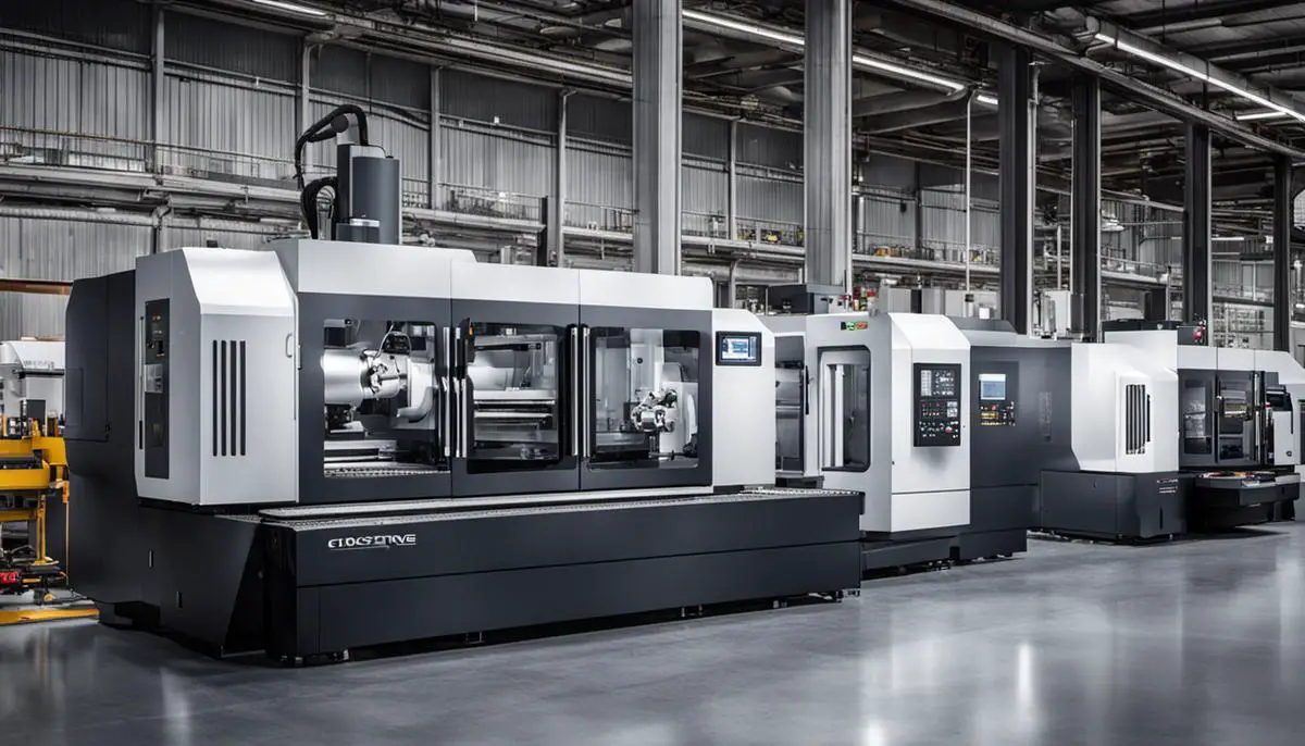 Image of various CNC machines at work in a smart factory, showcasing the benefits of their integration with text indicating success stories